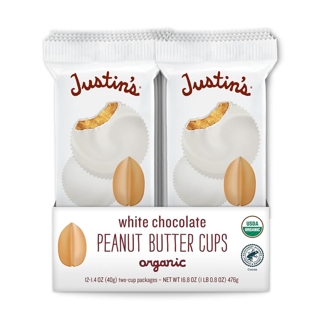 6 x Justin's Organic White Chocolate Peanut Butter Cups, Rainforest Alliance Certified Cocoa, Gluten-free, Responsibly Sourced, 1.4 Ounce (Pack of 12)