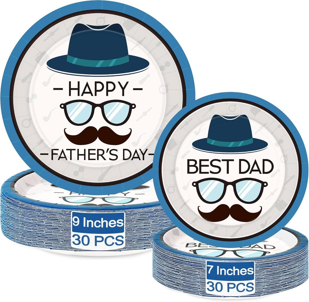 QZYL 30 Sets Fathers Day Decorations for Party Tableware Set, Round Happy Fathers Day Paper Plates, Best Dad Day Celebration Supply, Disposable 7" Dessert Plate and 9" Dinner Plate for Father Day