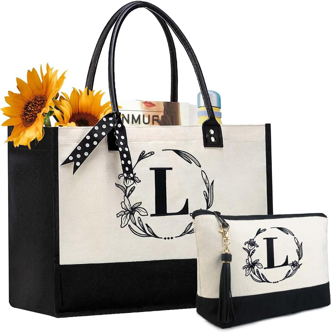 BeeGreen Embroidery Monogram Initial Tote Bag for Women Teacher Mom Friend Personalized Gift for Birthday Beach Wedding Work