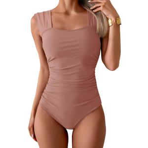 B2prity Womens One Piece Swimsuit Retro Square Neck Tummy Control Bathing Suits Ruched Modest Full Coverage Swimwear (XX-Large, Cameo Brown)