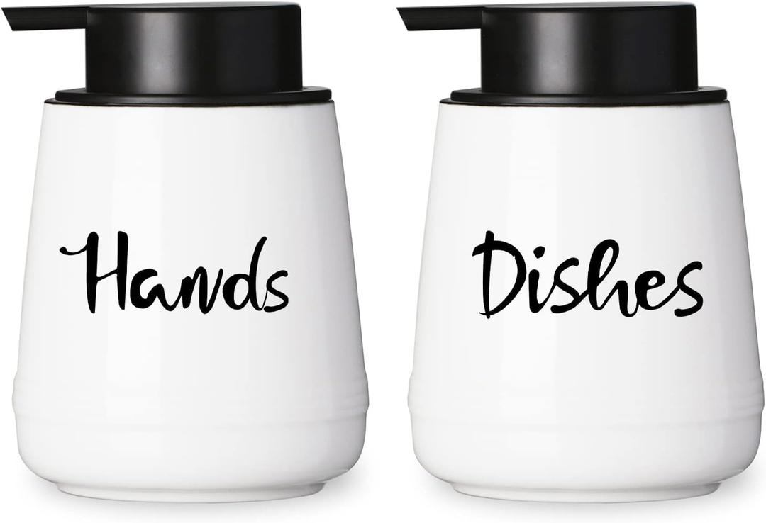 LEETOYI Farmhouse Ceramic Hands and Disher Dispenser Set with Pump 14oz for Bathroom, White