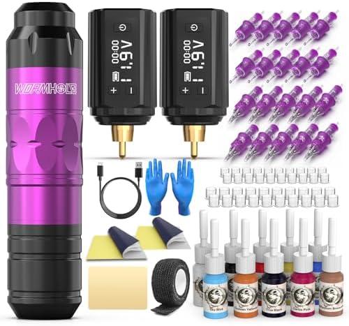 Wormhole Tattoo Gun Tattoo Kit with Wireless Tattoo Machine, 2PCS 1,200mAh Capacity Tattoo Batteries, 20 Cartridge Needles with Finger Ledge, Ink Color Set for Artists-Purple