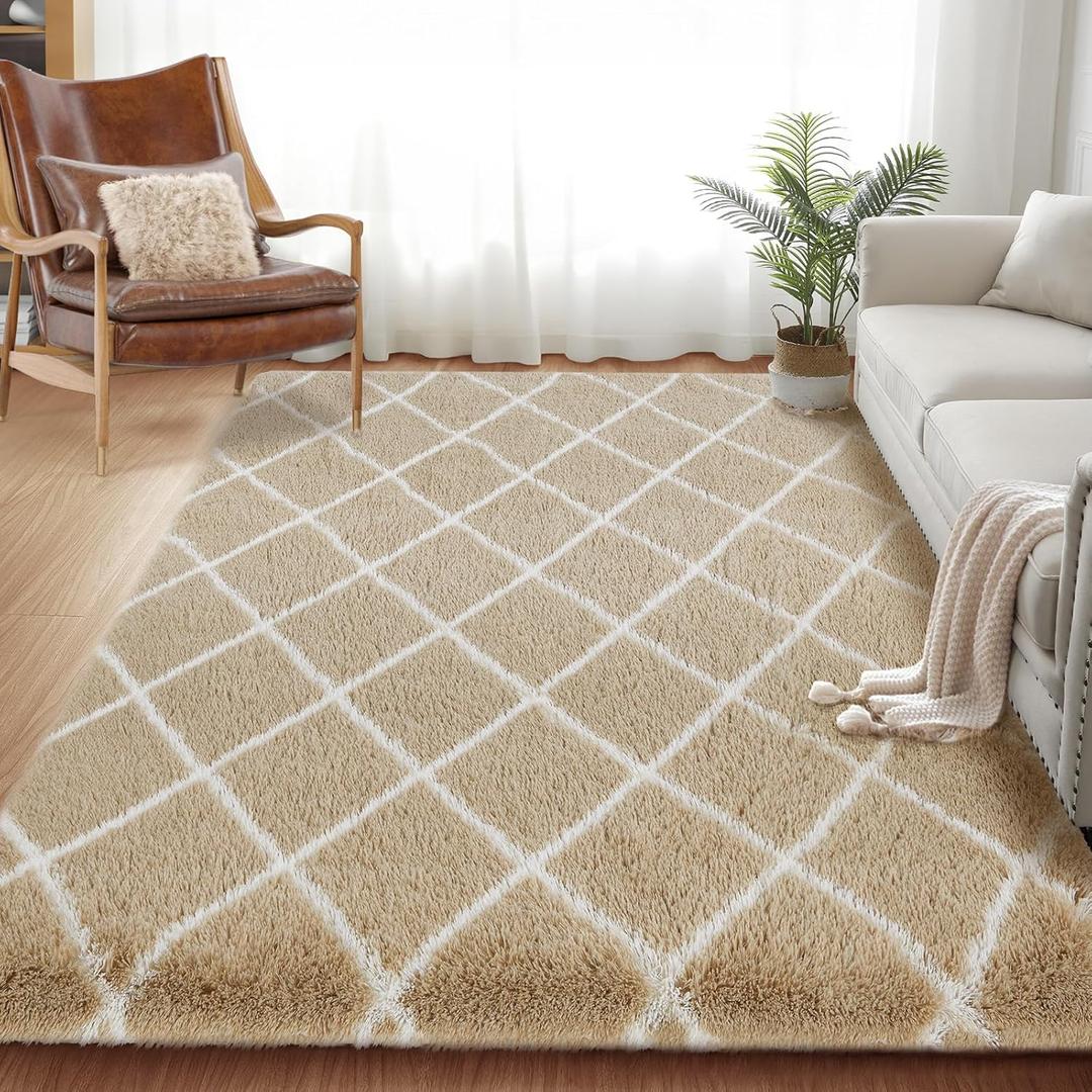 Fluffy Rug for Bedroom, Stripe Checkered Rug Anti-Skid High Pile for Living Room Bedroom Kids Room Nursery, Dorm Home Decor (9' x 6' (Rectangular), Beige/White)