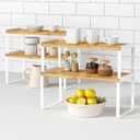 Goozii Kitchen Cabinet Organizer Shelf Set of 4, Large Stackable Pantry Cupboard Countertop Storage and Organizer, Desk Shelf Riser, Spice Plate Cup Expandable Storage Rack (Bamboo White)