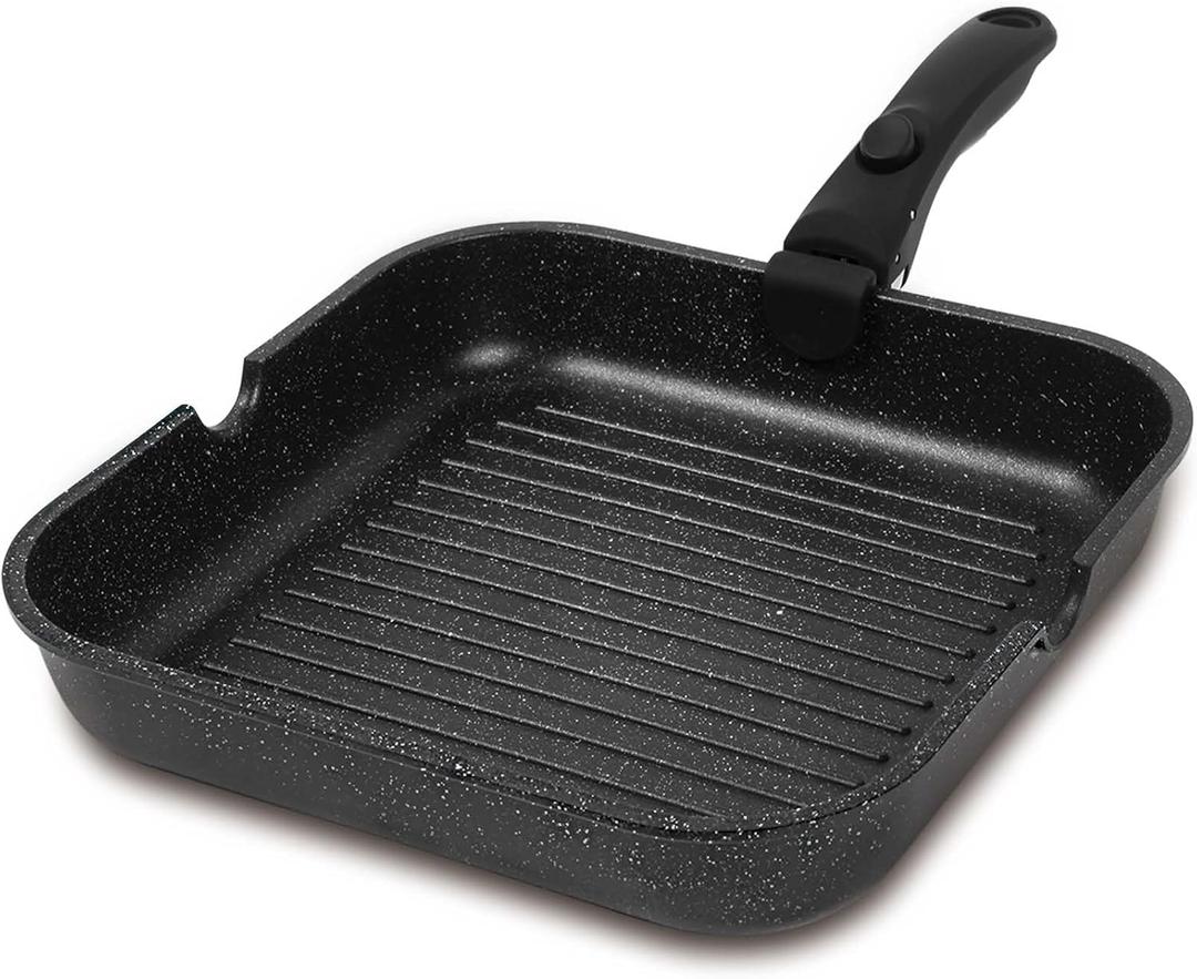 ESLITE LIFE 11 Inch Large Square Grill Pan, Induction Compatible Nonstick Steak Grill Pan with Detachable Handle, Versatile Skillet for Indoor Cooking, PTFE & PFOA Free, Black