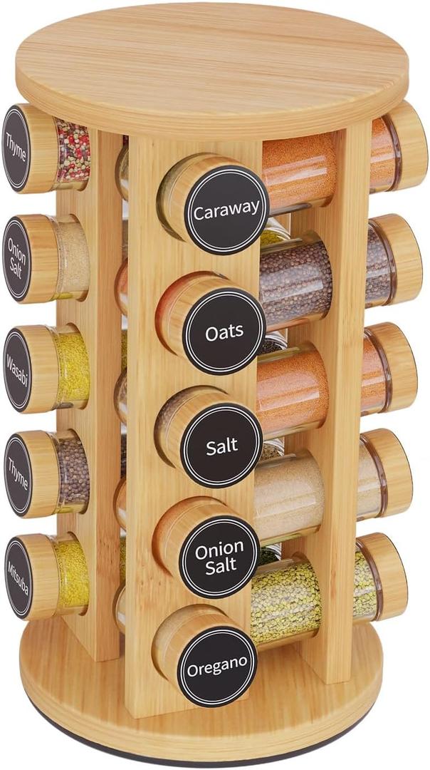 New England Stories Revolving Spice Rack Set with 20 Spice Jars, Kitchen Spice Tower Organizer for Countertop or Cabinet - Carousel Storage Includes 386 Spice Labels (Bamboo)