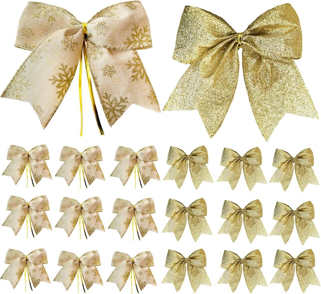 20 Pcs 6 Inch Christmas Bows, Gold Ribbon Bows for Xmas Tree Decor, Tie Bows Wreath Ornament, Wedding Party, Home Indoor Decorations Bulk