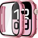 Misxi 2 Pack Tempered Glass Case Compatible for Apple Watch Series 11 (2025) Series 10 46mm, Hard PC Screen Protector Overall Protection Scratch-Resistant Cover for iWatch, 1 Rose Pink + 1 Transparent