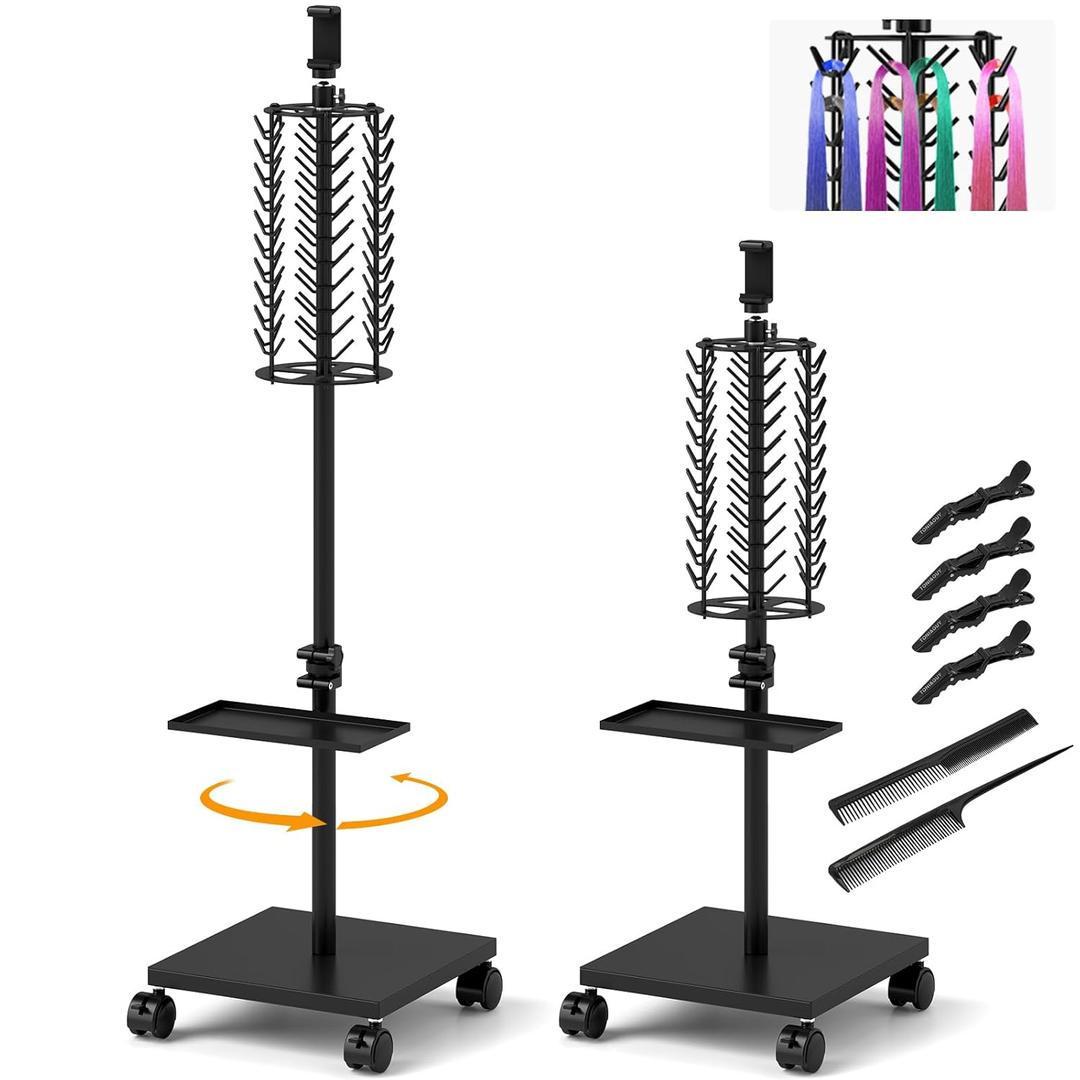 Braiding Hair Rack, 360° Hair Extension Rack with Phone Holder & Storage Tray, 120 Pegs Braiding Hair Holder, Adjustable Height from 45.5'' to 60'', Easy to Install