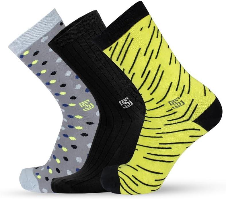 Men's Dress Socks, Novelty Business Socks Gift for Men, 3 Pairs Funny Cotton Crew Funky & Crazy Long Silly Pattern, Size 9-12 (Black)