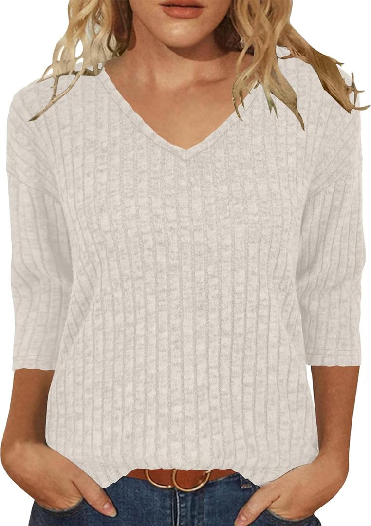 JomeDesign Womens Sweaters V Neck 3/4 Sleeve Shirts Dressy Casual Blouses Loose Fit Tunic Tops Fall Fashion (Black, XL)