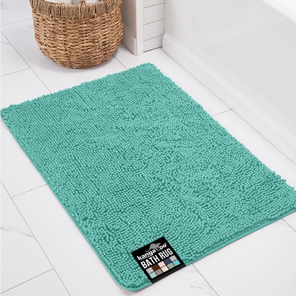KANGAROO Bathroom Rugs, Chenille Soft Absorbent Bath Rug, Shaggy Shower Mat, Quick Dry Machine Wash Bathmat, Plush Carpet Mats for Tub, Bathtub and Room Home Decor Accessories, 30x20, Turquoise