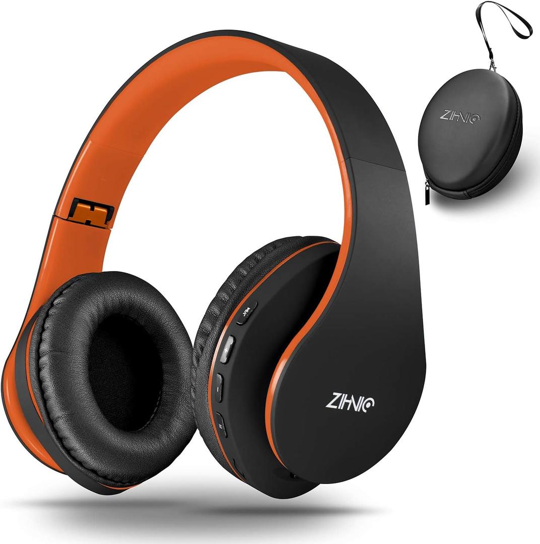 ZIHNIC Bluetooth Headphones Over-Ear, Foldable Wireless and Wired Stereo Headset Micro SD/TF, FM for Cell Phone,PC,Soft Earmuffs &Light Weight for Prolonged Wearing(Black/Orange)