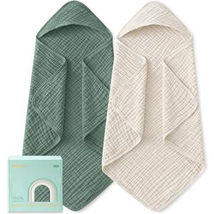 Yoofoss Hooded Baby Towels for Newborn 2 Pack 100% Muslin Organic Cotton Baby Bath Towel with Hood for Babies, Infant, Toddler and Kids, Large 32x32Inch, Soft and Absorbent Newborn Essential (Apricot&dark Green)