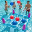 2 in 1 Pool Toys Games Set Inflatable Pool Float with 10 Balls & 8 Rings Tic-Tac-Toe Pool Games for Adults Kids, Fun Summer Party Beach Outdoor Yard Pool Game, Blue