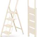GameGem 4 Step Ladder Folding Step Stool, Foldable Ladder with Ergonomic Heightened Top Grip, Tall Step Ladder with Widened Anti-Slip Pedal for Closet, 330Lbs Load, Fold Thin and Tight, Cream White