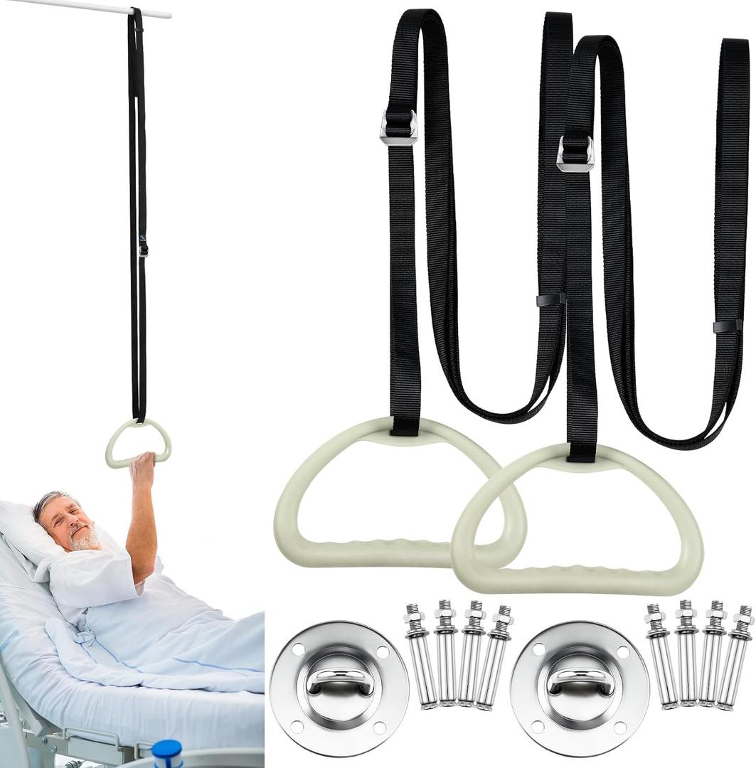 Tandefio 2 Sets Elderly Pull up Bed Trapeze Ceiling Mounted Bar Trapeze Stand Ladder Bed Helper 2 Stainless Steel Fixing Plate 8 Stainless Steel Expansion Bolt 4 Snap Hooks for Bed Mobility Transfer