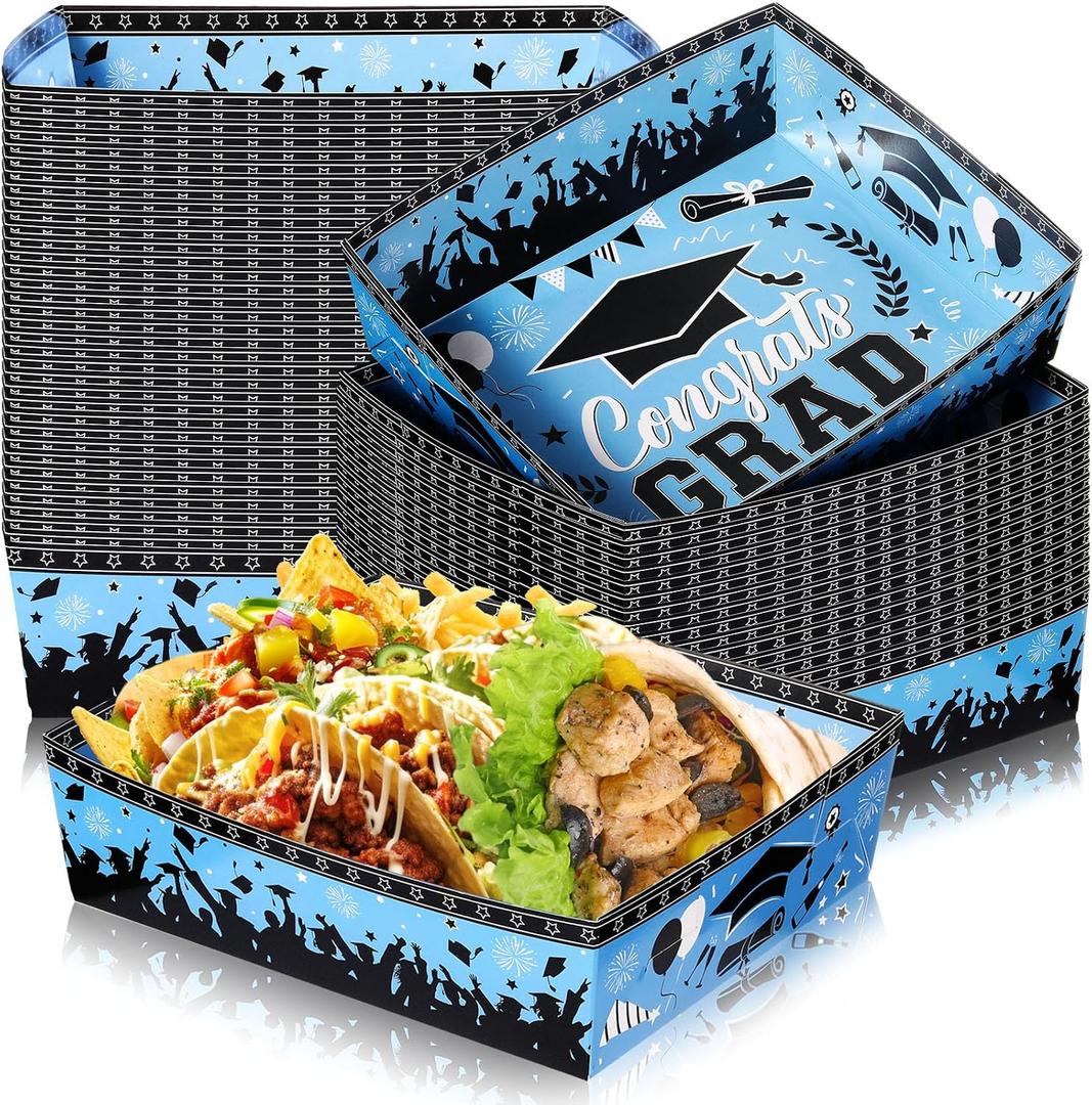 3 x Tenceur 36 Pcs 2026 Blue and Black White Graduation Food Serving Trays 5 lb Large Grad Decoration Dessert Paper Plates Disposable Bowls Boats for Party Supplies