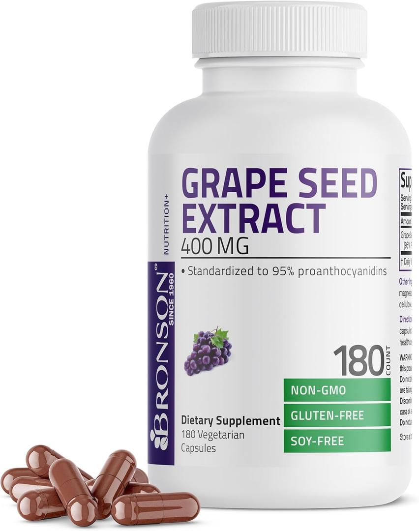 Bronson Grape Seed Extract 400 mg - Antioxidant & Immune Support - Standardized Extract with 95% Proanthocyanidins- Non GMO, 180 Vegetarian Capsules, Best By: 06/2025