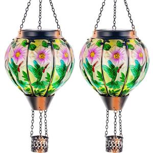 DREAMSOUL 2PCS Hummingbird Hot Air Balloon Solar Lantern, Hanging Glass Solar Lanterns Outdoor Waterproof for Garden Tree