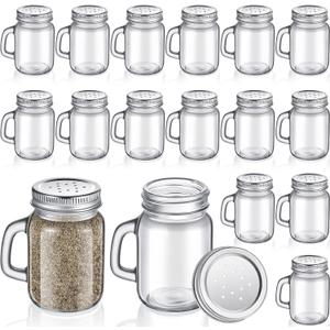 12 Pieces Salt and Pepper Shaker Clear Glass Mason Jar Mini Salt Shaker with Metal Lid Pepper Shakers Set with Handles for Kitchen Table, Drinkware, Rustic Home Decor and Gifts, 4 Oz