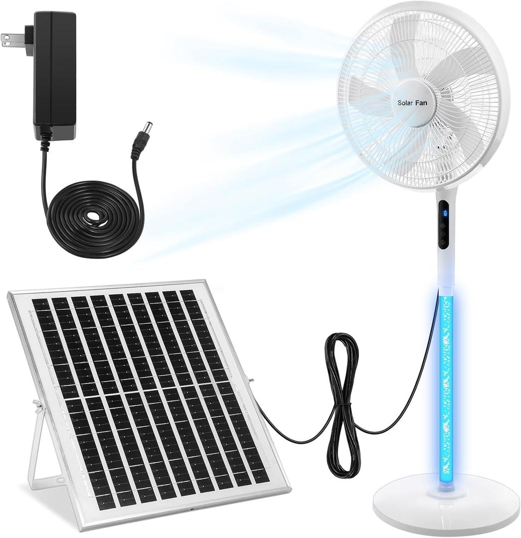 Blosssound Solar Rechargeable Floor Standing Fan with Solar Panel, 16'' Battery Powered, 10000mah Battery, Two Charging Methods, 6 Speeds, Oscillating Pedestal Fan for Home Warehouse(White)