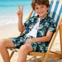 Boys Summer Outfits 2Piece Casual Hawaiian Shirt and Short Set Holiday Beach Shirts for Kids Size 7-14 Years