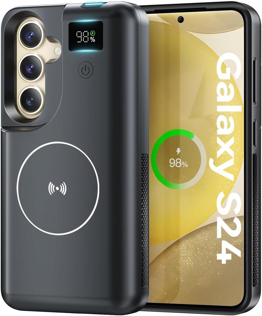 Mavulo Battery Case for Samsung Galaxy S24 6.2", 8000mAh Portable Charger with LED Display, Qi Wireless Charging, 20W USB-C Fast Charging, Sync Data & Wired Audio Supported  Black