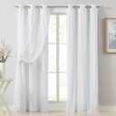 Bujasso White Full Blackout Curtain Panels with Sheer Overlay Mix and Match Double Layer Thermal Insulated Window Treatment Set for Living Room White Drapes with Tiebacks Grommet Top 37" Wx84 Lx2