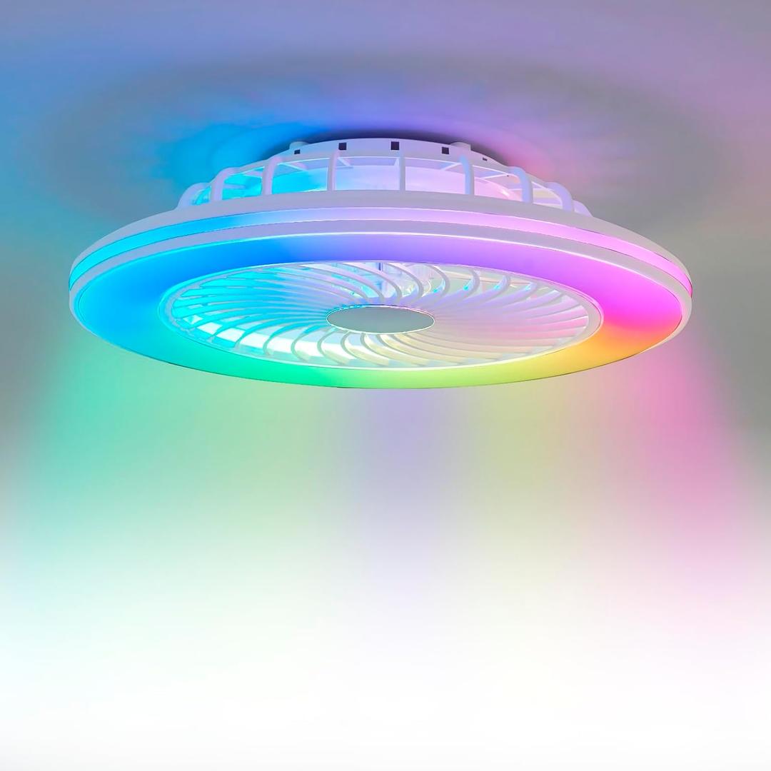 Low Profile Ceiling Fans with Lights, 24" Caged Modern Flush Mount Ceiling Fan with LED Light, Housing Finish White, RGB Main Light
