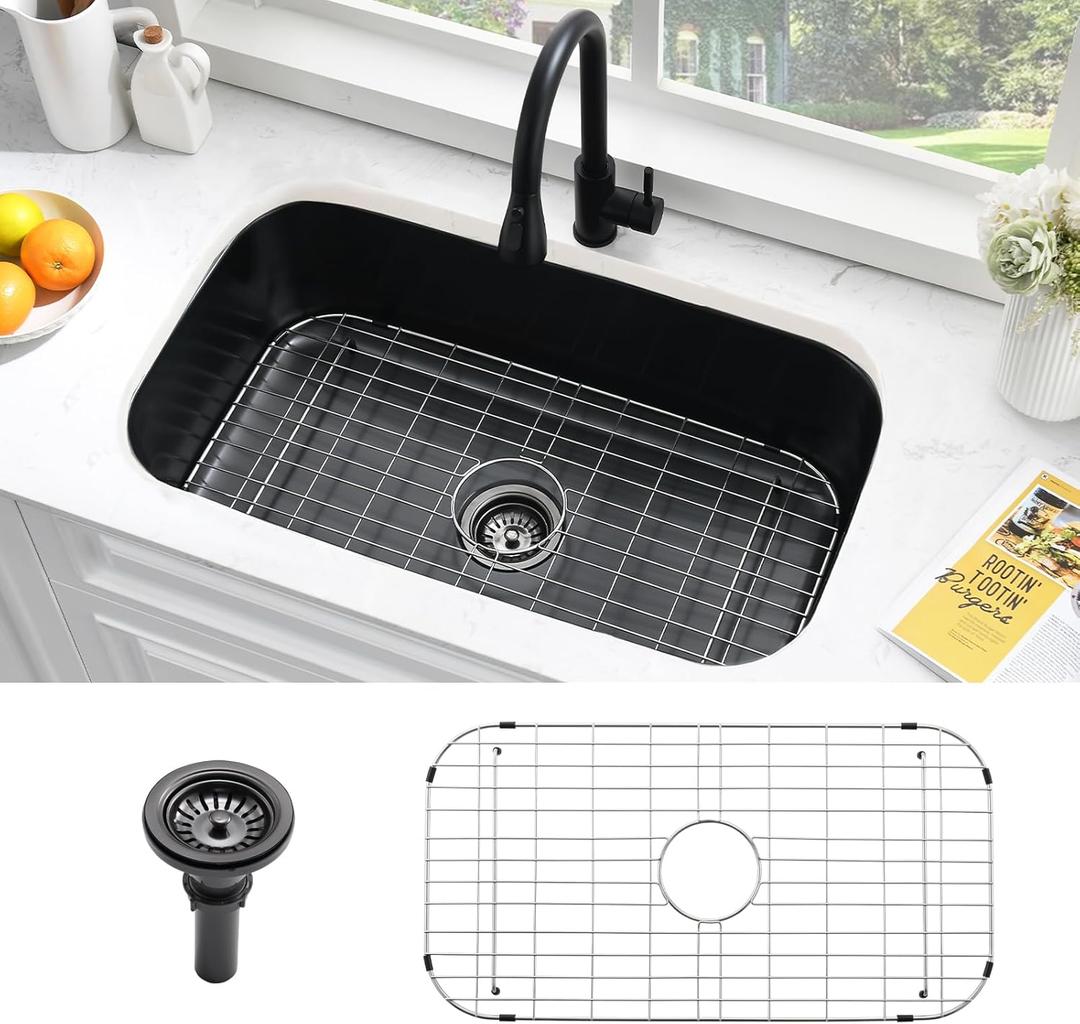 28 Black Undermount Kitchen Sink-Bokaiya 28x18 Inch Undermount Stainless Steel Sink 16 Gauge Single Bowl Kitchen Sinks with Dish Grid