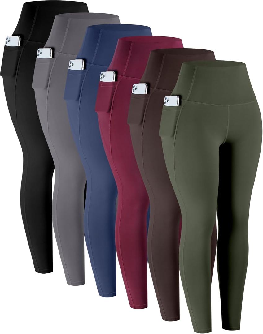 LZYVOO Leggings with Pockets for Women, 6 Packs Soft High Waisted Tummy Control Workout Yoga Pants (Small, Black,gray,navy,burgundy,army Green,brown)