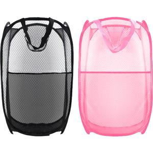 Collapsible Pop Up Laundry Hamper, Extra Large Mesh Foldable Laundry Basket Bag, 28" x 16" x 16", 2 Pack (Black + Pink)