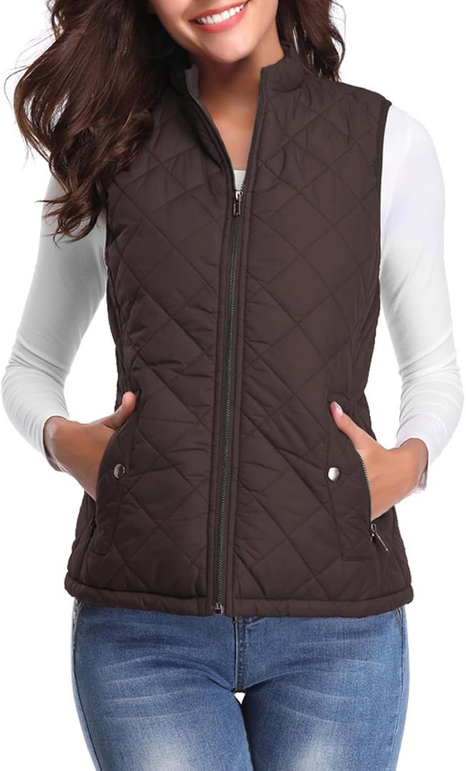 Fuinloth Women's Lightweight Warm Puffer Quilted Vest - 4-Pockets Stand Collar Zip Gilet, Fall Winter Outerwear (Black)