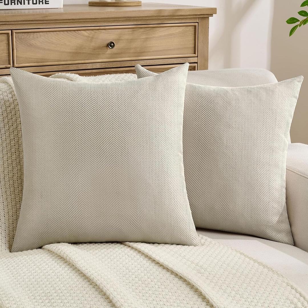 FUTEI Pack of 2 Chevron Chenille Throw Pillow Covers 18x18 Inch Soft Herringbone Texture Solid Decorative Cushion Case Farmhouse Home Decor for Couch Bed Living Room, Beige