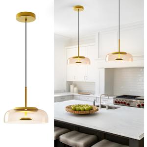 Kitchen Island Pendant Light Fixtures 3000K LED Gold Modern Ceiling Hanging Lighting White Glass Shade Nordic Style Adjustable Pendant Lamp for Dining Room Bedroom Hallway - 1 Pack, Amber