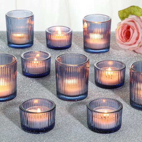SUPMIND 24 Pcs Ribbed Votive Candle Holders, Dark Blue Glass Holders Bulk for Table Centerpiece, Tealight Holders Glass for Wedding Shower, Party and Home Decor