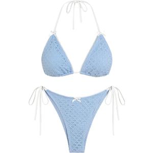 ZAFUL Women's Sexy Halter Bikini Sets Bow Decor Eyelet Openwork Bikini Swimsuits Tie Side Triangle Bathing Suits (1-b-Light Blue, S)