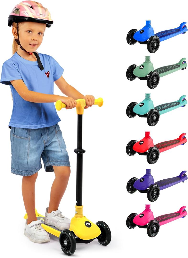 SereneLife 3-Wheel Foldable Kids Scooter  LED Wheel Lights, Adjustable Handlebar, Rear Foot Brake, Lean-to-Steer, Anti-Slip Deck  Ideal for Toddlers & Kids 3+, up to 110 lbs (Yellow)