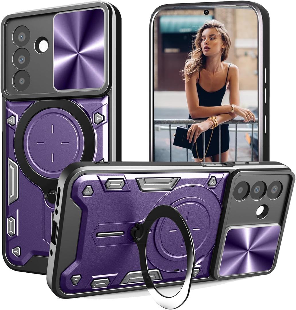 for Samsung Galaxy S26 Rugged Case with Slide Camera Lens Cover, Heavy Duty Shockproof Protective Case with Magnetic Ring Kickstand for Galaxy S26 - JS Purple