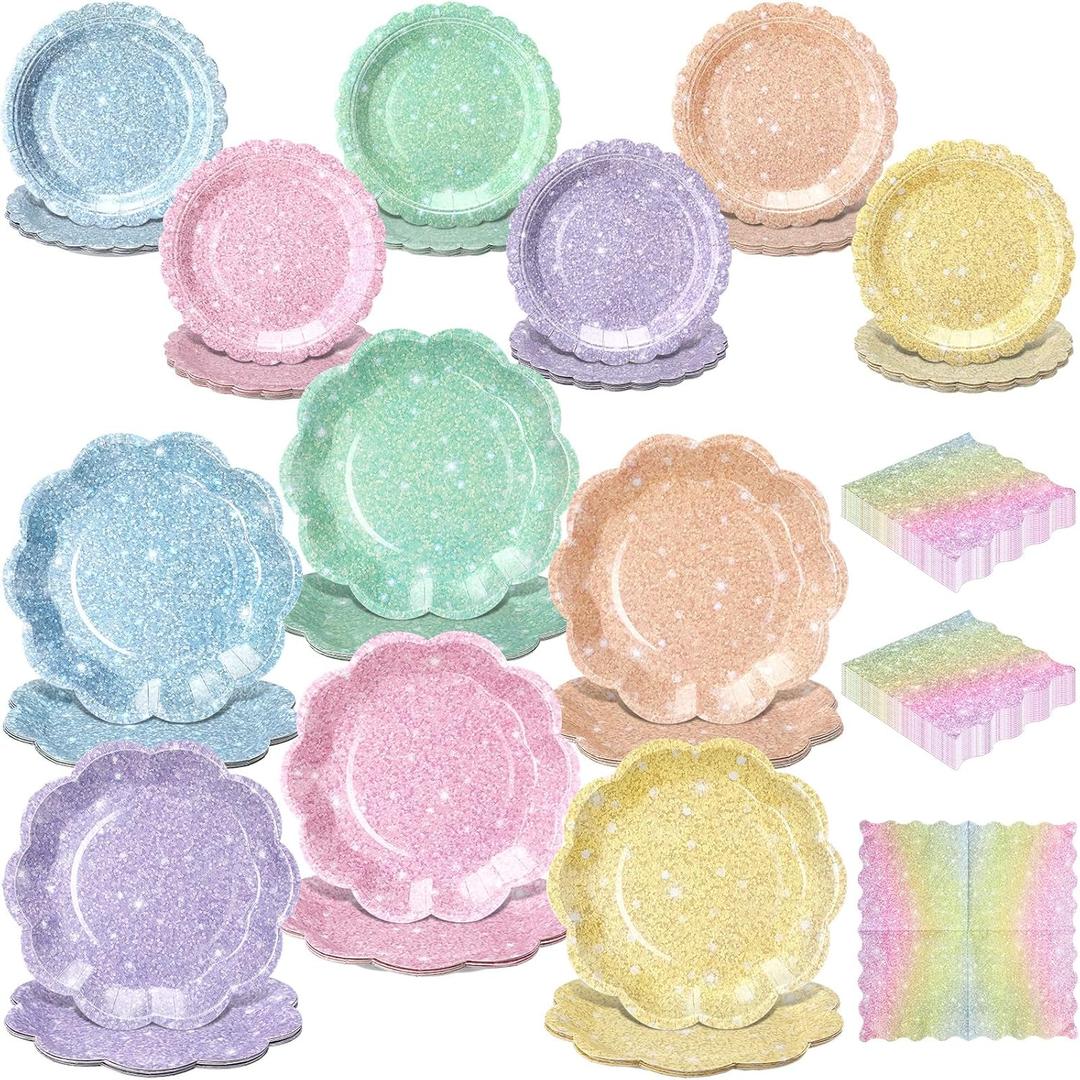 144 Pcs 48 Guests Pastel Glitter Party Plates and Napkins Pastel Scalloped Paper Plates Napkins Glitter Disposable Tableware for Birthday Bridal Baby Shower Wedding Decorations Party Supplies