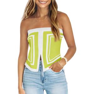 Saodimallsu Womens Strapless Crop Tube Tops Sexy Sleeveless Knit Summer Trendy Color Block Asymmetrical Y2k Bandeau Top (Medium, Green)
