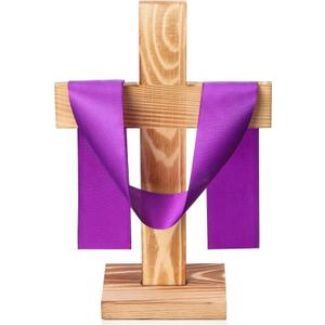 Qunclay 11.8" Standing Rustic Pine Wood Cross Decor, Religious Tabletop Centerpiece with Ribbon, He Is Risen Decoration for Home, Church, Baptism, Communion, Lent, Easter(Purple,1 Pcs)