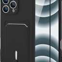 MZELQ TPU Wallet Compatible with iPhone 16 Pro Case, Card Holder Camera Protection Cover + Screen Protector, Push-able Slot for Girls Women -Black