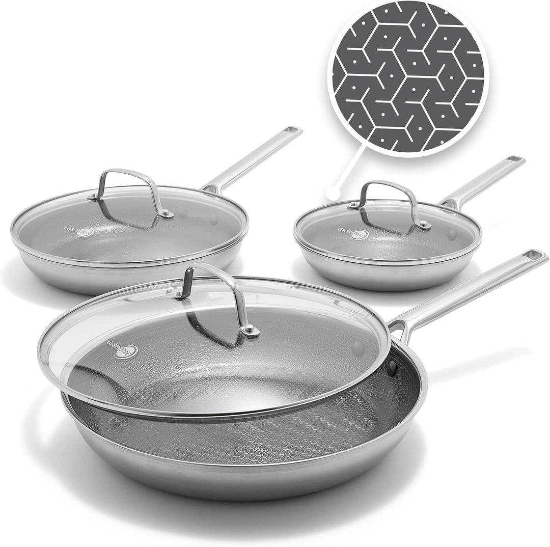 GreenPan Hybrid 6 Piece (8",10" & 12") Stainless Steel Skillets with Lids, 6 Piece Set