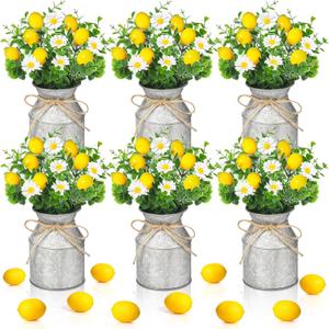 Mimorou 6 Sets Artificial Potted Lemon Decor Fake Fruit Lemon Flowers Table Centerpiece Faux Summer Kitchen Vases Tiered Tray Decor Farmhouse Plant for Indoor Outdoor Home Bathroom Dining