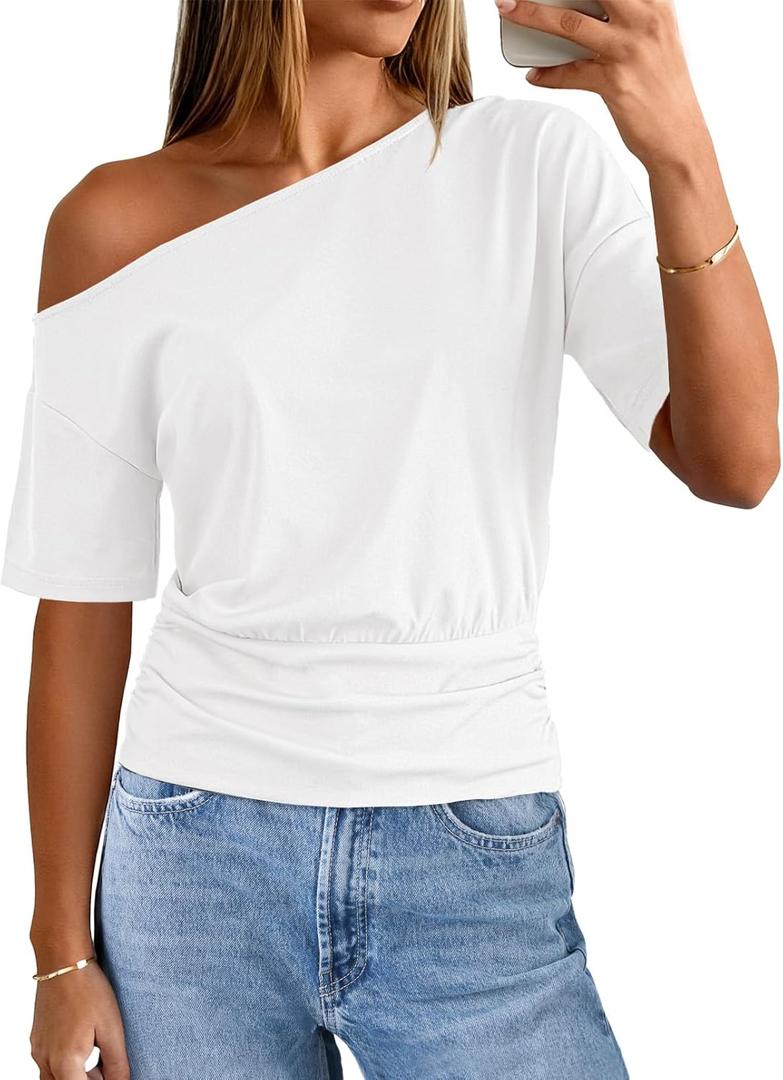 MEROKEETY Women's Off The Shoulder Short Sleeve Tops 2026 Summer Casual Going Out Trendy Y2k T Shirts (White, S)