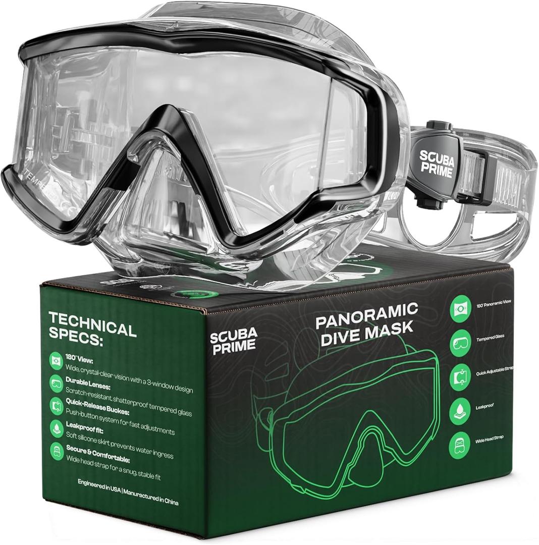Pano 3 Scuba Diving Mask, Tempered Glass Snorkel Mask Three-Window Scuba Mask No-Leak Dive Mask Silicone Skirt Diving Mask for Snorkeling and Scuba Use (TransBlack)