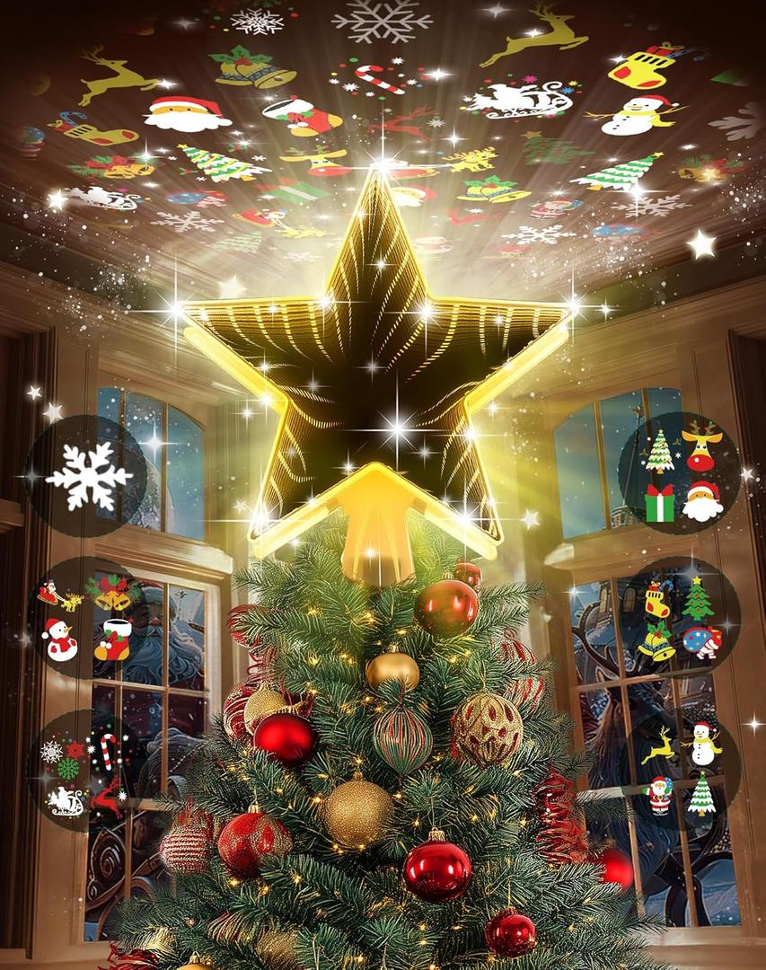Christmas Tree Topper with 6 Projection Modes, Christmas Star Tree Topper with Built-in Rotating Projector, 104 LED Warm Lights 3D Tunnel Dynamic Lighting Effect Christmas Tree Decoration