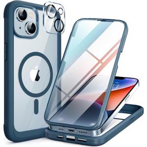Miracase Glass Series Designed for iPhone 14 Plus Case 6.7 inch, 2023 Upgrade Full-Body Magnetic Clear Case with Built-in 9H Tempered Glass Screen Protector,Compatible with MagSafe,Blue